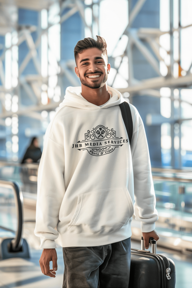 JHB Media Logo White Hoodie Man Airport-min